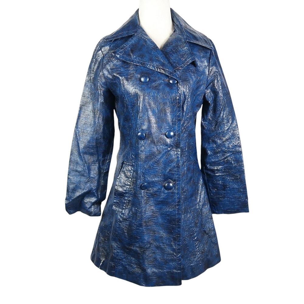 Vintage 70s Navy Blue "Luisant" Faux Patent Leather Mid Length Jacket S